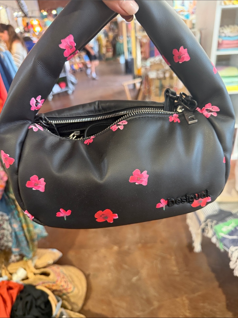 Desigual Black Mini Shoulder Bag with Pink Floral Print